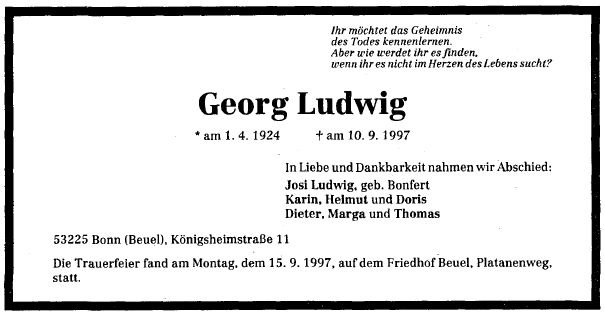 Ludwig Georg 1924-1997 Todesanzeige